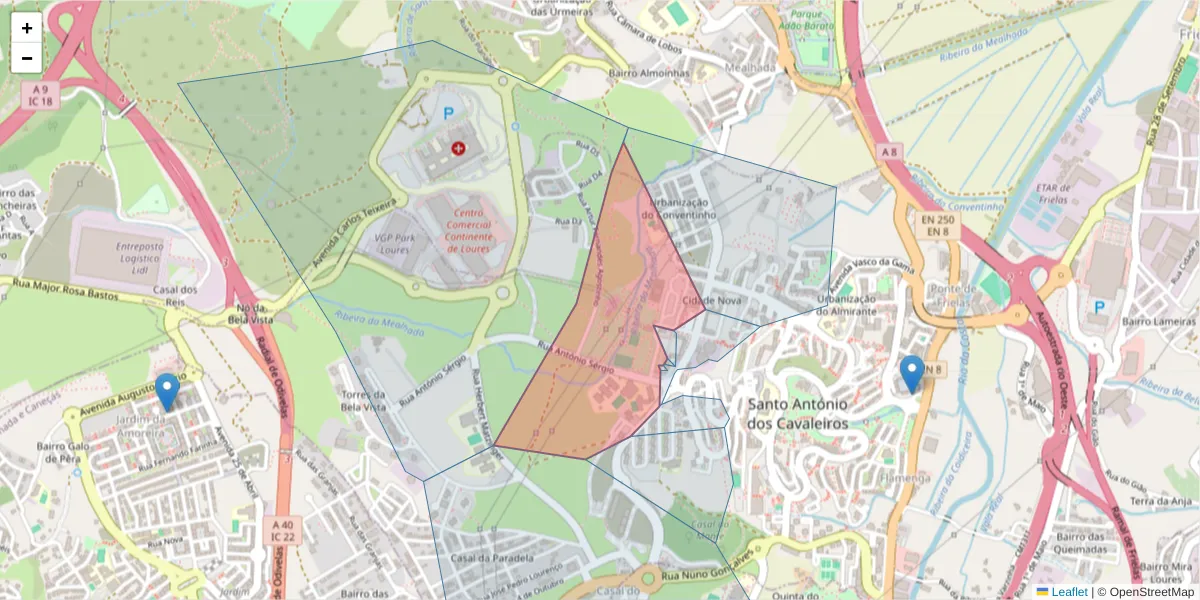 Mapa detalhado do código postal 2660-212 com limites, códigos postais vizinhos e agências dos correios