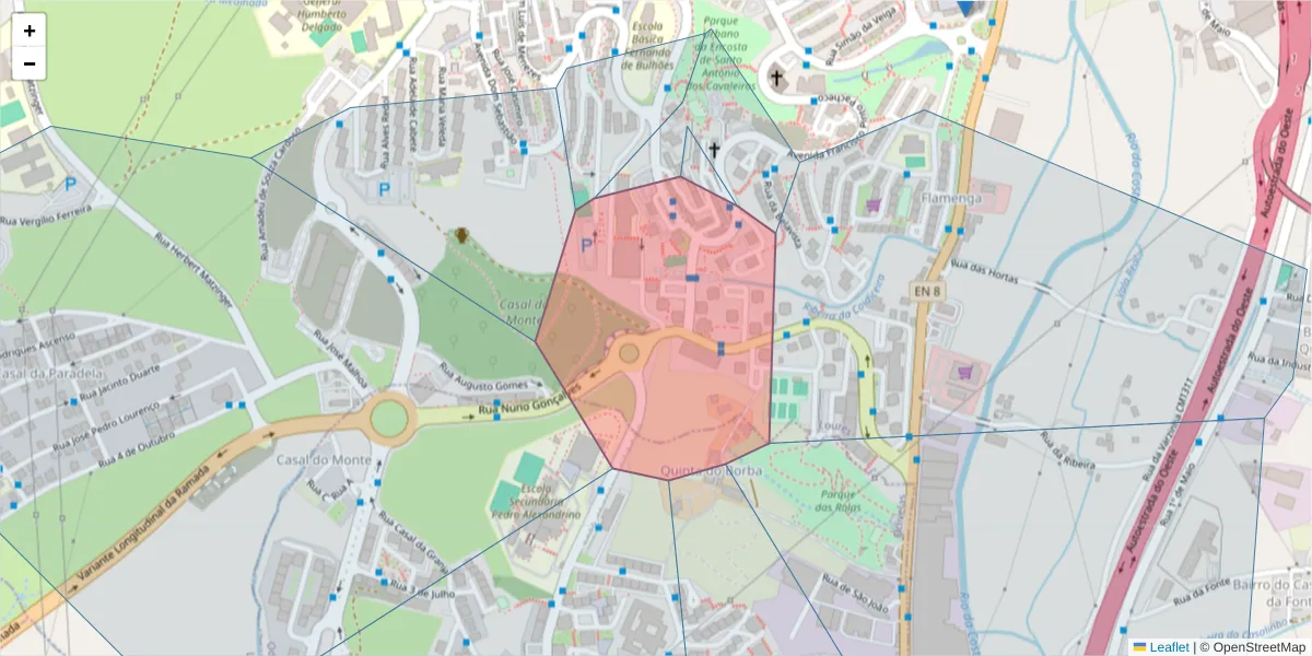 Mapa detalhado do código postal 2660-221 com limites, códigos postais vizinhos e agências dos correios