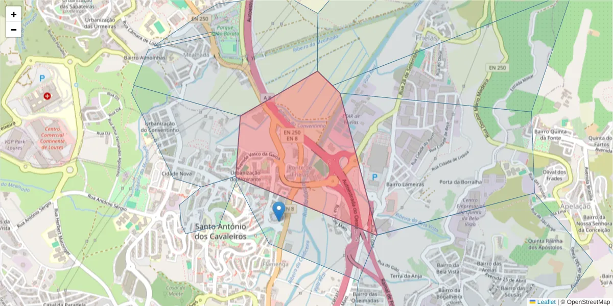 Mapa detalhado do código postal 2660-441 com limites, códigos postais vizinhos e agências dos correios