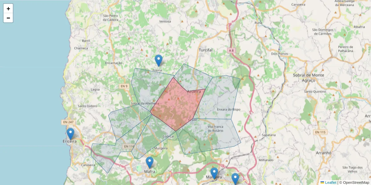 Mapa detalhado do código postal 2665-015 com limites, códigos postais vizinhos e agências dos correios