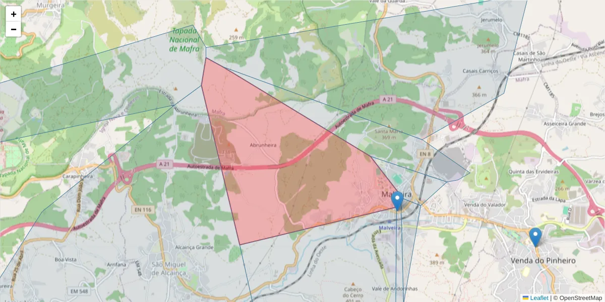 Mapa detalhado do código postal 2665-182 com limites, códigos postais vizinhos e agências dos correios