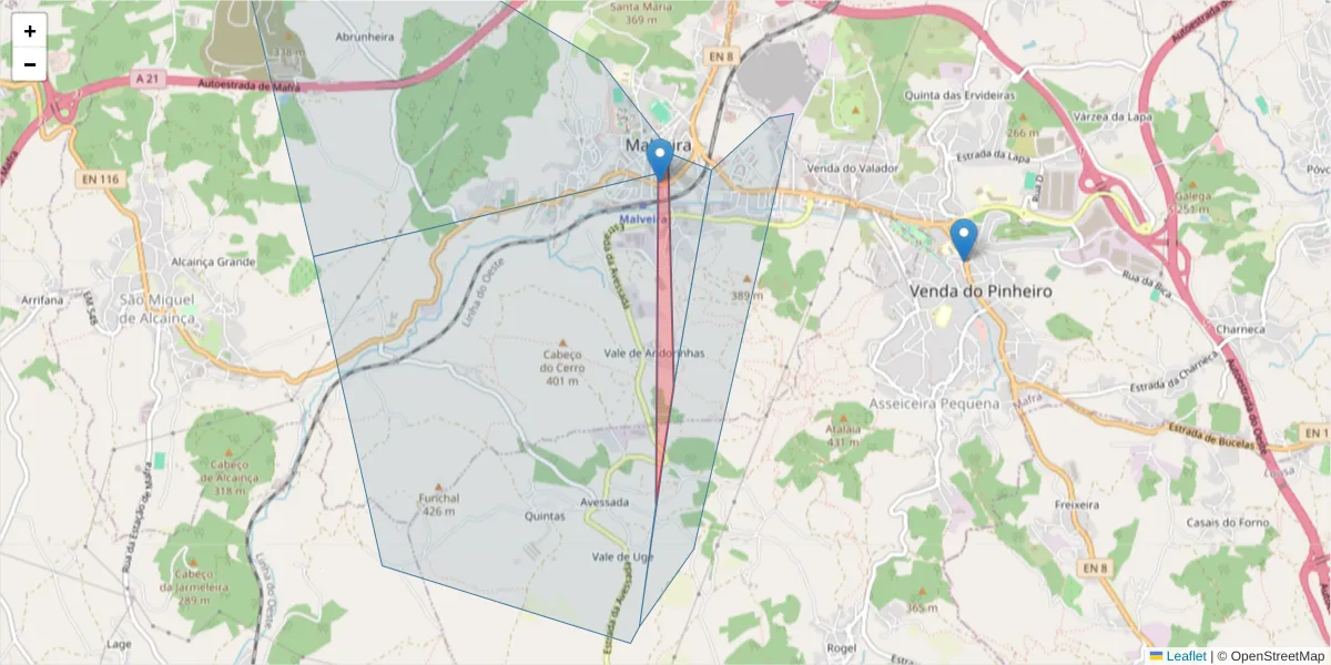 Mapa detalhado do código postal 2665-205 com limites, códigos postais vizinhos e agências dos correios