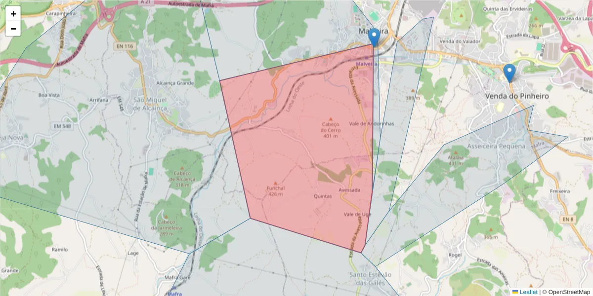 Mapa detalhado do código postal 2665-236 com limites, códigos postais vizinhos e agências dos correios