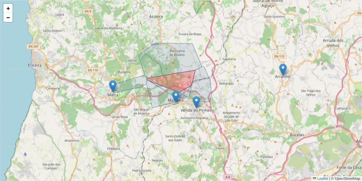 Mapa detalhado do código postal 2665-243 com limites, códigos postais vizinhos e agências dos correios