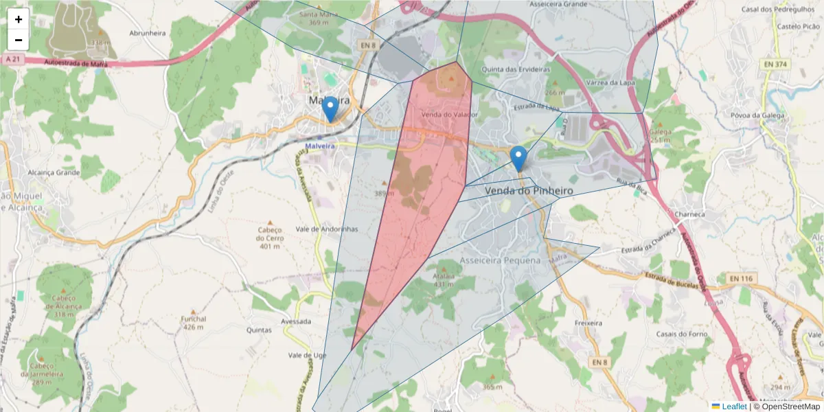 Mapa detalhado do código postal 2665-293 com limites, códigos postais vizinhos e agências dos correios