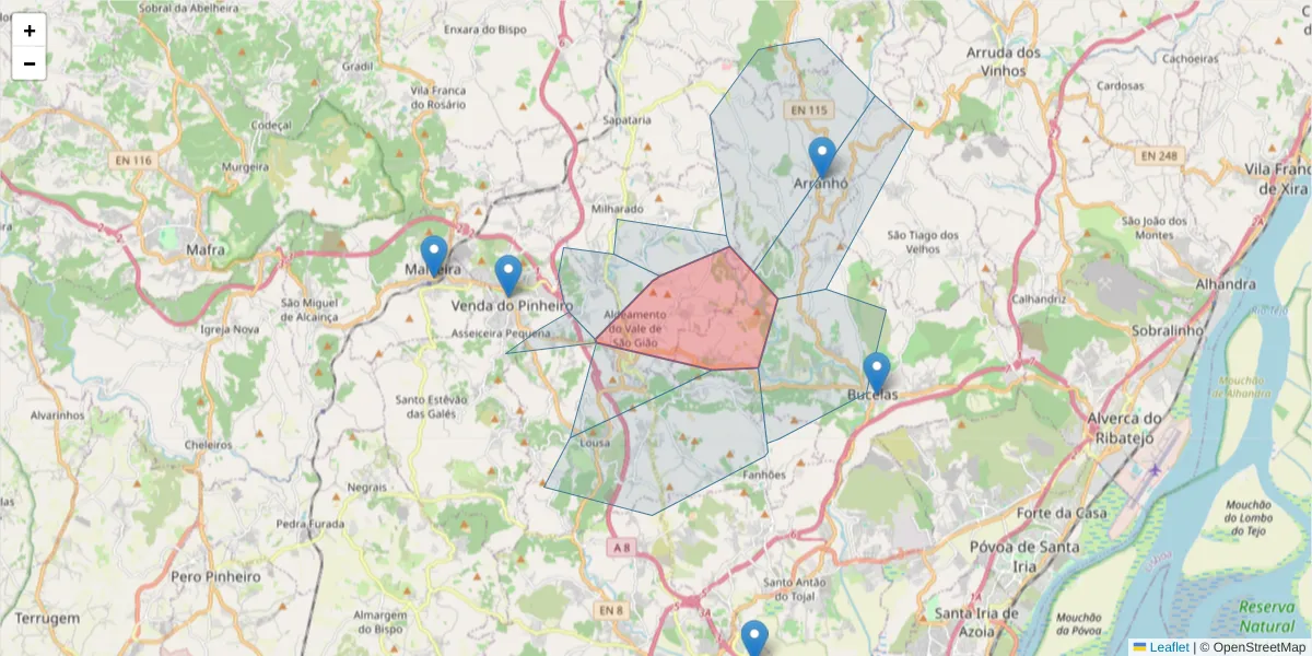Mapa detalhado do código postal 2665-305 com limites, códigos postais vizinhos e agências dos correios