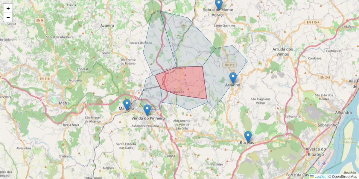 Mapa detalhado do código postal 2665-314 com limites, códigos postais vizinhos e agências dos correios