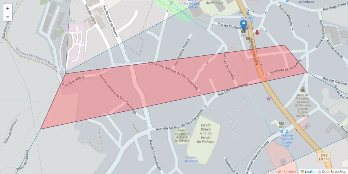 Mapa detalhado do código postal 2665-521 com limites, códigos postais vizinhos e agências dos correios
