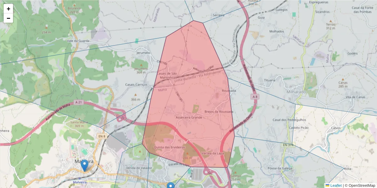 Mapa detalhado do código postal 2665-618 com limites, códigos postais vizinhos e agências dos correios