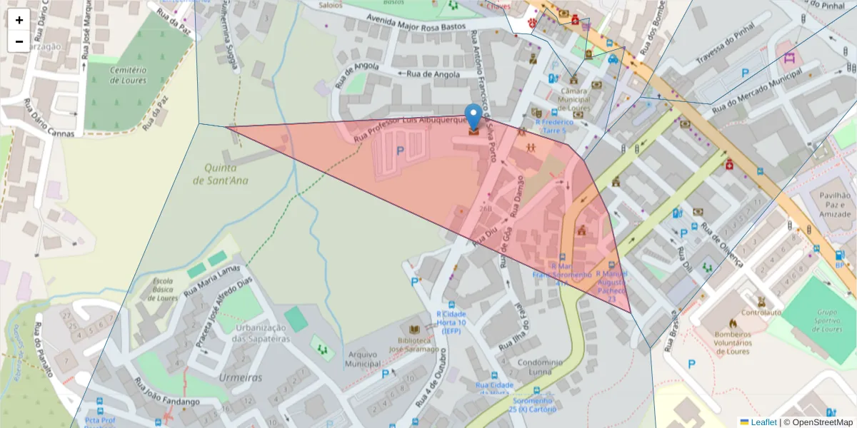 Mapa detalhado do código postal 2670-004 com limites, códigos postais vizinhos e agências dos correios