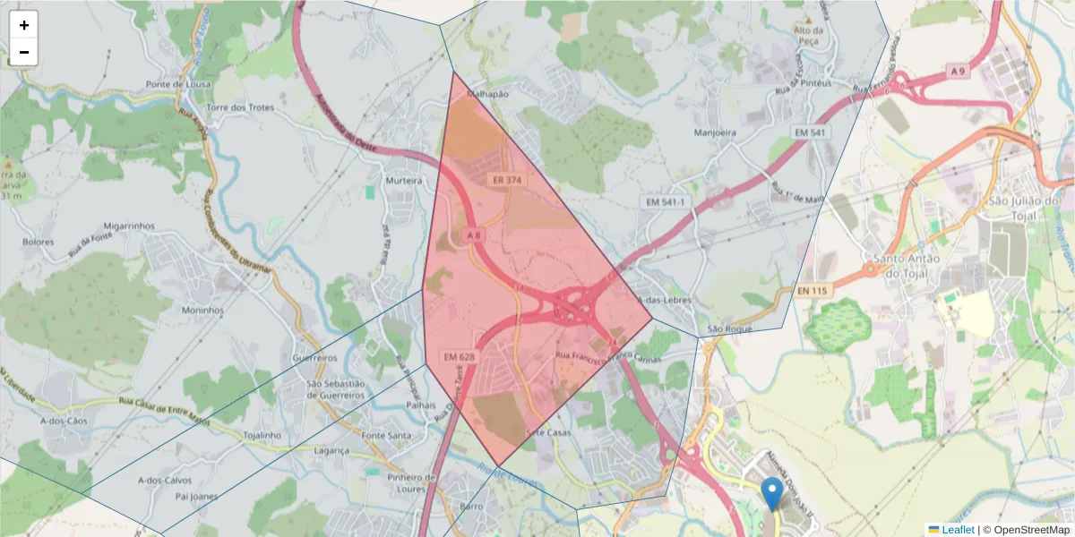 Mapa detalhado do código postal 2670-350 com limites, códigos postais vizinhos e agências dos correios