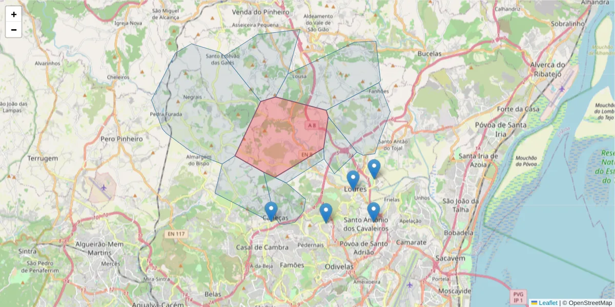 Mapa detalhado do código postal 2670-379 com limites, códigos postais vizinhos e agências dos correios