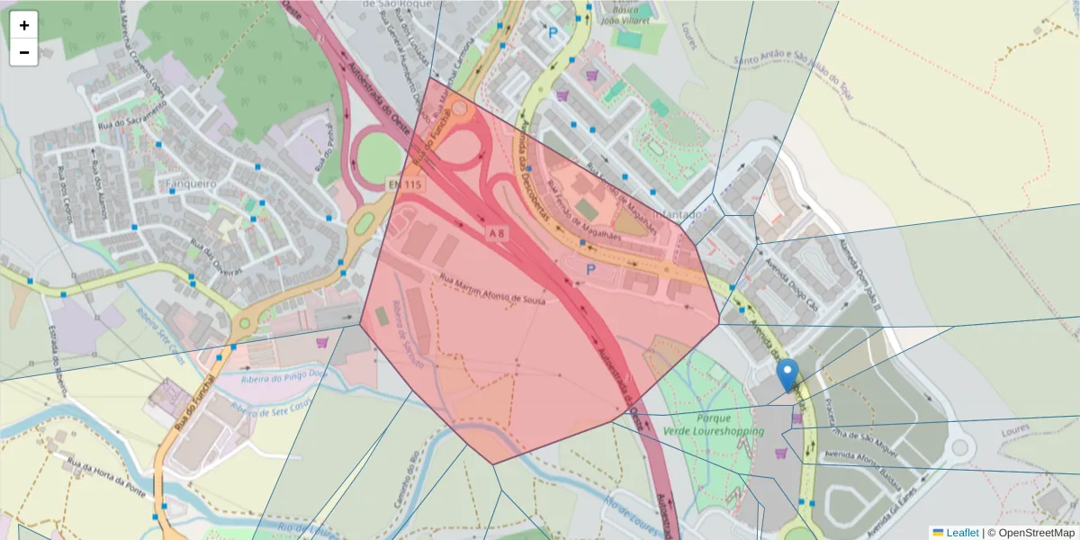 Mapa detalhado do código postal 2670-385 com limites, códigos postais vizinhos e agências dos correios