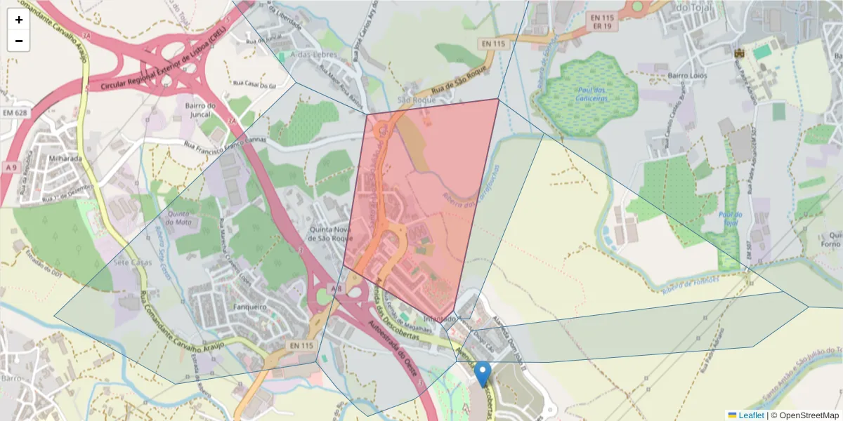 Mapa detalhado do código postal 2670-388 com limites, códigos postais vizinhos e agências dos correios