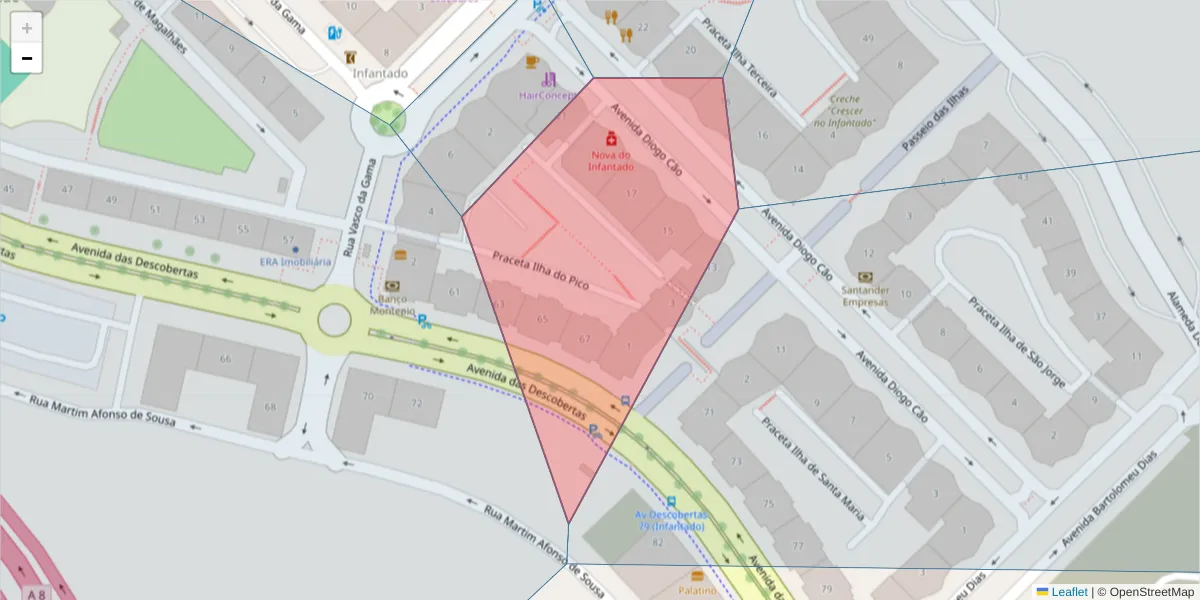 Mapa detalhado do código postal 2670-398 com limites, códigos postais vizinhos e agências dos correios