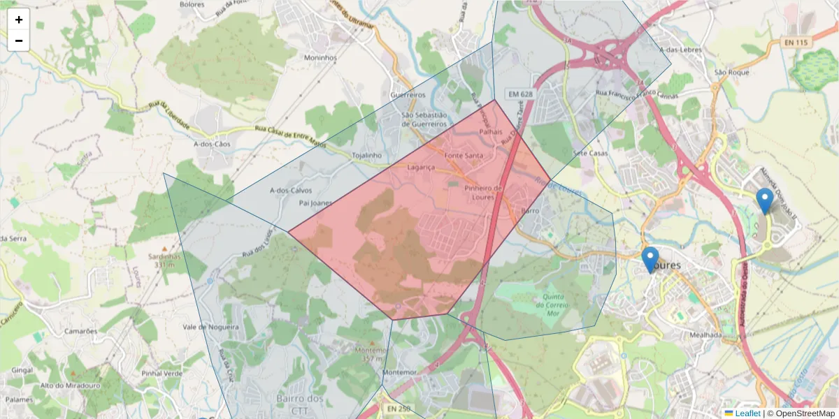 Mapa detalhado do código postal 2670-506 com limites, códigos postais vizinhos e agências dos correios