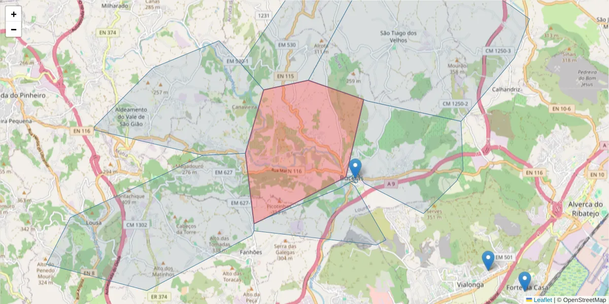 Mapa detalhado do código postal 2670-637 com limites, códigos postais vizinhos e agências dos correios
