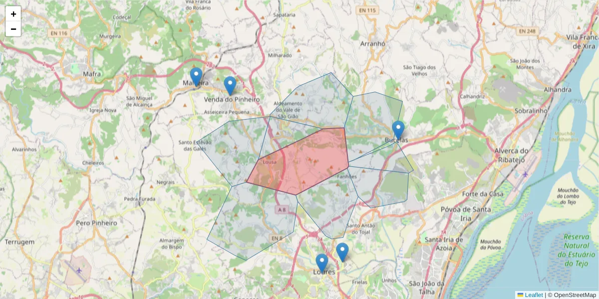 Mapa detalhado do código postal 2670-734 com limites, códigos postais vizinhos e agências dos correios