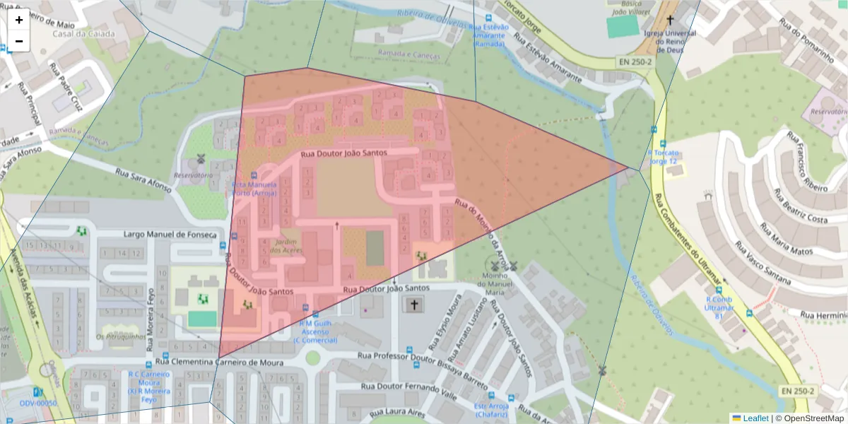 Mapa detalhado do código postal 2675-000 com limites, códigos postais vizinhos e agências dos correios