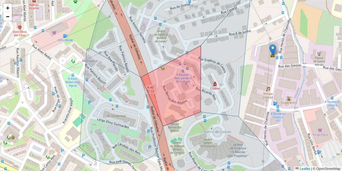Mapa detalhado do código postal 2675-239 com limites, códigos postais vizinhos e agências dos correios