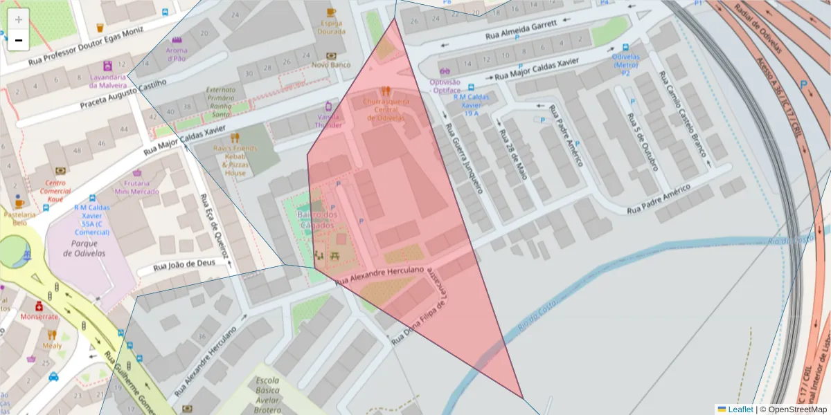 Mapa detalhado do código postal 2675-271 com limites, códigos postais vizinhos e agências dos correios