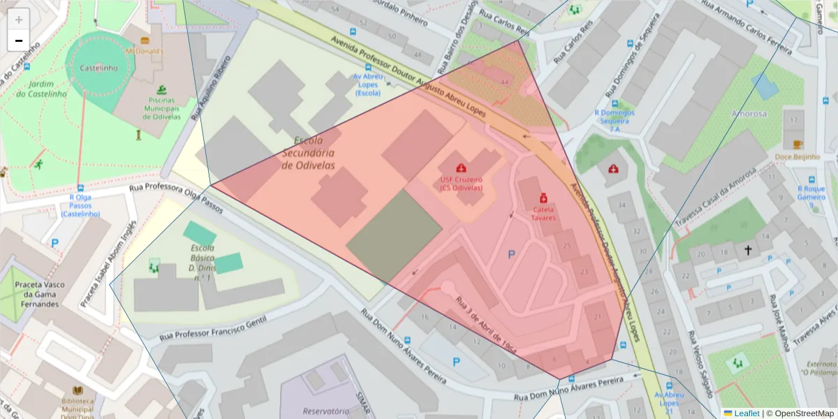 Mapa detalhado do código postal 2675-300 com limites, códigos postais vizinhos e agências dos correios