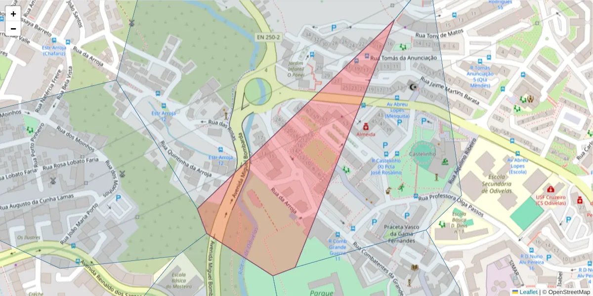 Mapa detalhado do código postal 2675-301 com limites, códigos postais vizinhos e agências dos correios