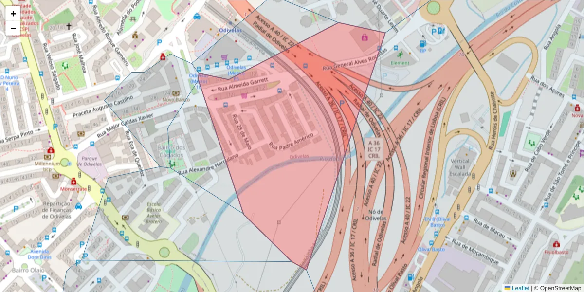 Mapa detalhado do código postal 2675-309 com limites, códigos postais vizinhos e agências dos correios
