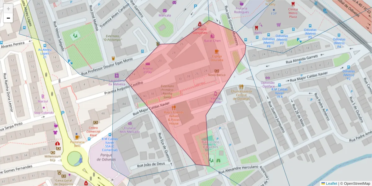 Mapa detalhado do código postal 2675-310 com limites, códigos postais vizinhos e agências dos correios