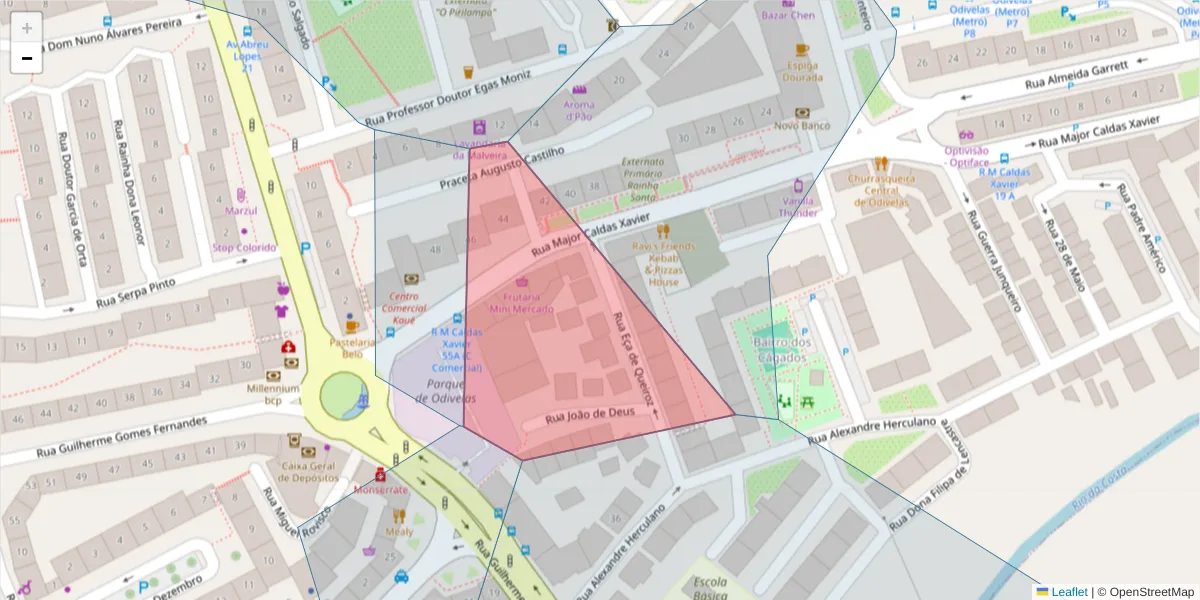 Mapa detalhado do código postal 2675-313 com limites, códigos postais vizinhos e agências dos correios