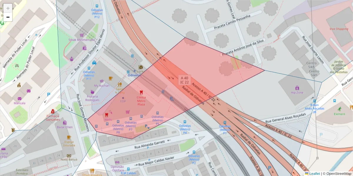 Mapa detalhado do código postal 2675-341 com limites, códigos postais vizinhos e agências dos correios