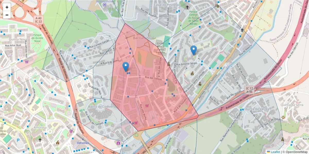Mapa detalhado do código postal 2675-376 com limites, códigos postais vizinhos e agências dos correios
