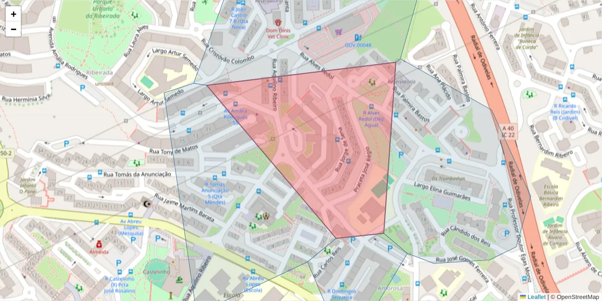 Mapa detalhado do código postal 2675-392 com limites, códigos postais vizinhos e agências dos correios