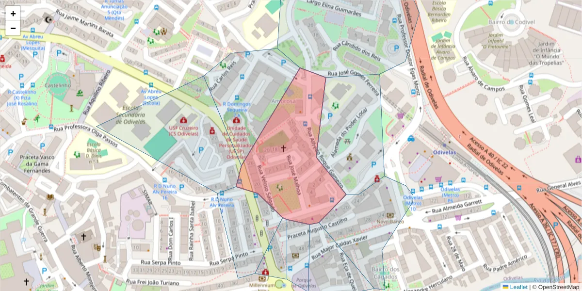 Mapa detalhado do código postal 2675-396 com limites, códigos postais vizinhos e agências dos correios