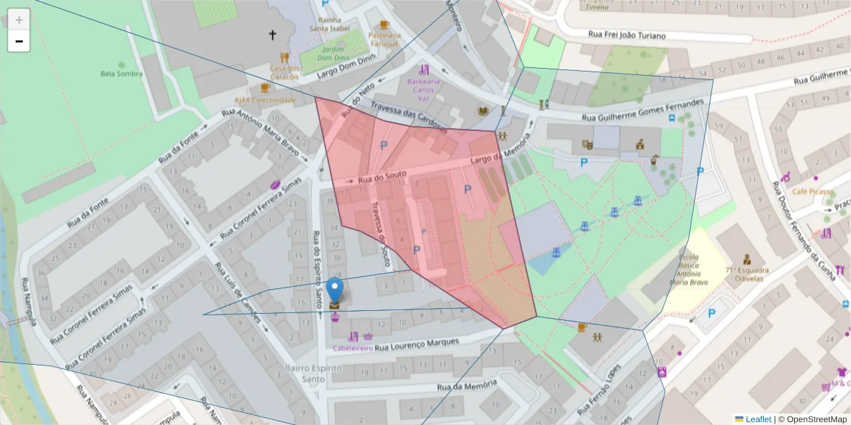 Mapa detalhado do código postal 2675-407 com limites, códigos postais vizinhos e agências dos correios