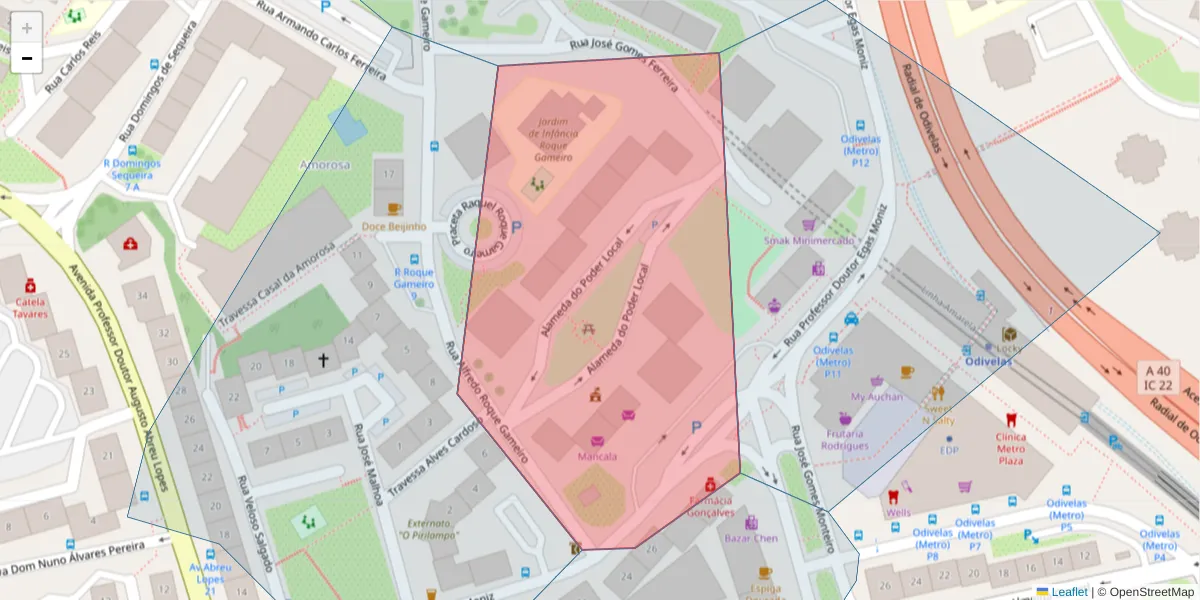 Mapa detalhado do código postal 2675-427 com limites, códigos postais vizinhos e agências dos correios