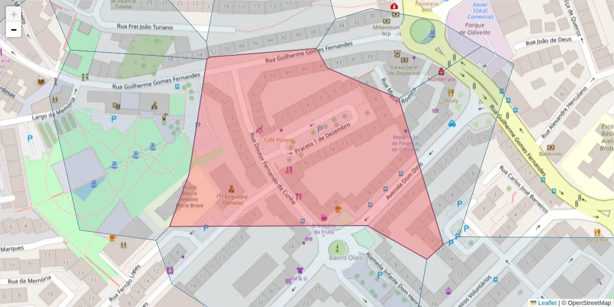 Mapa detalhado do código postal 2675-430 com limites, códigos postais vizinhos e agências dos correios