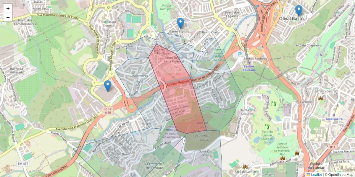 Mapa detalhado do código postal 2675-431 com limites, códigos postais vizinhos e agências dos correios
