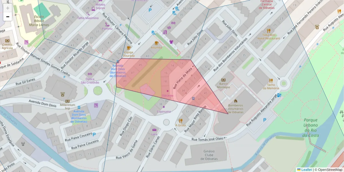 Mapa detalhado do código postal 2675-463 com limites, códigos postais vizinhos e agências dos correios