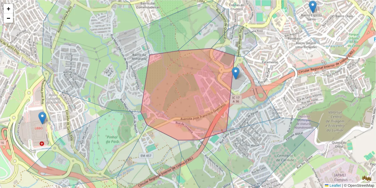 Mapa detalhado do código postal 2675-468 com limites, códigos postais vizinhos e agências dos correios