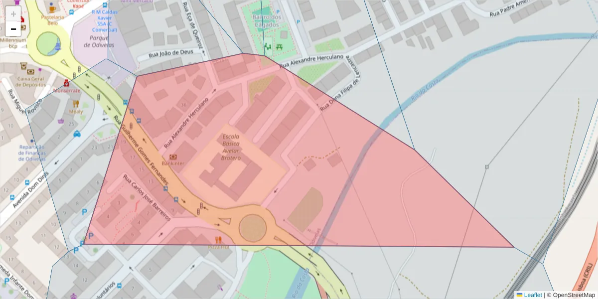 Mapa detalhado do código postal 2675-531 com limites, códigos postais vizinhos e agências dos correios