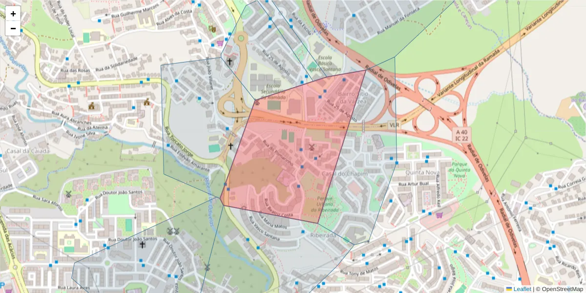 Mapa detalhado do código postal 2675-595 com limites, códigos postais vizinhos e agências dos correios