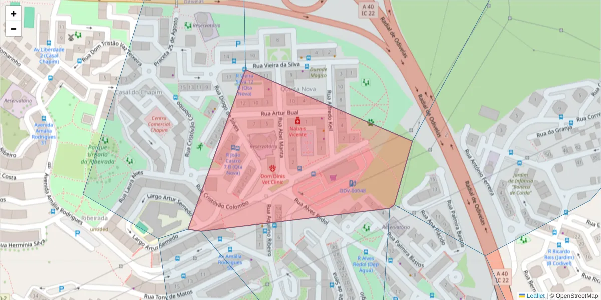Mapa detalhado do código postal 2675-604 com limites, códigos postais vizinhos e agências dos correios