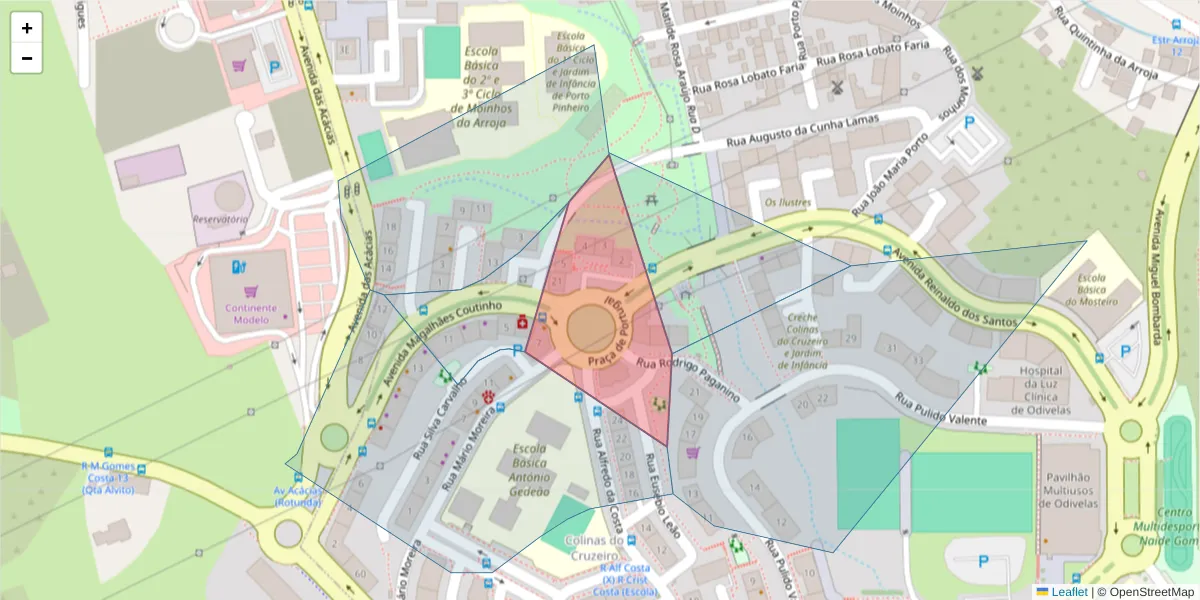Mapa detalhado do código postal 2675-666 com limites, códigos postais vizinhos e agências dos correios