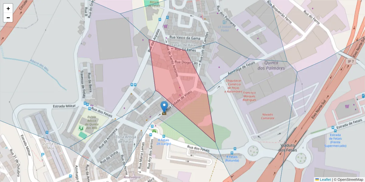 Mapa detalhado do código postal 2680-132 com limites, códigos postais vizinhos e agências dos correios