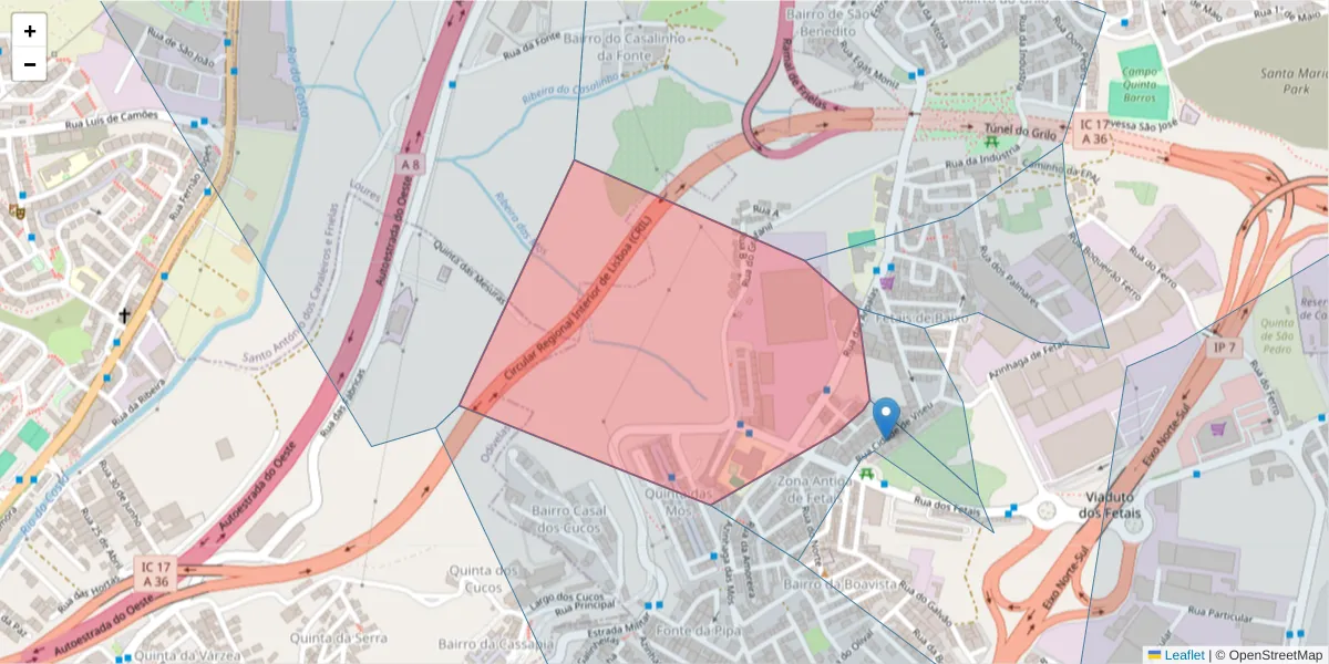 Mapa detalhado do código postal 2680-137 com limites, códigos postais vizinhos e agências dos correios