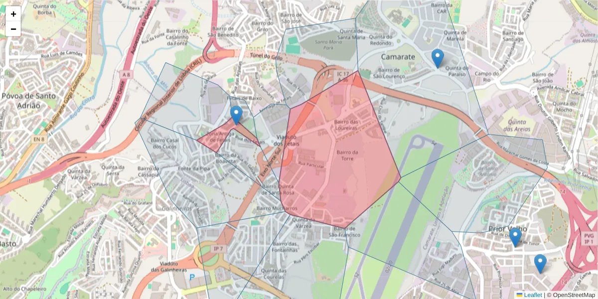 Mapa detalhado do código postal 2680-139 com limites, códigos postais vizinhos e agências dos correios
