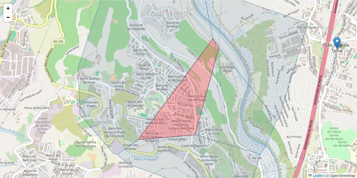 Mapa detalhado do código postal 2680-348 com limites, códigos postais vizinhos e agências dos correios