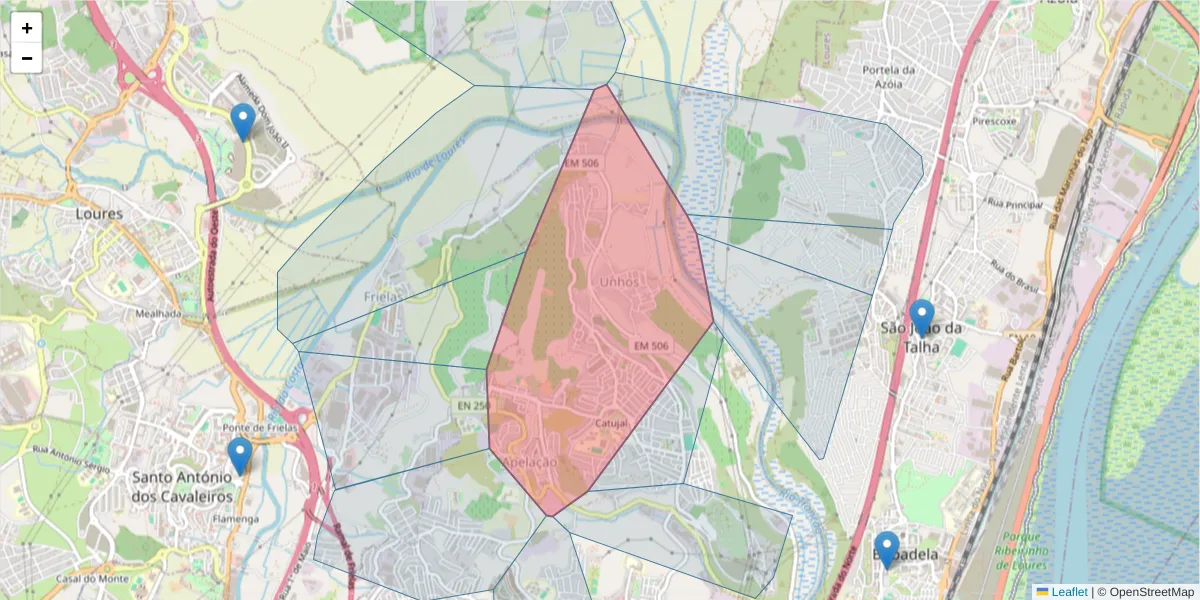Mapa detalhado do código postal 2680-383 com limites, códigos postais vizinhos e agências dos correios