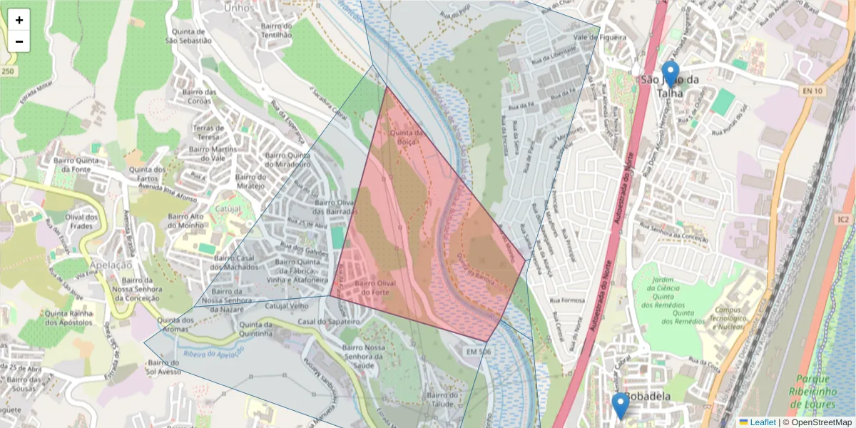 Mapa detalhado do código postal 2680-407 com limites, códigos postais vizinhos e agências dos correios
